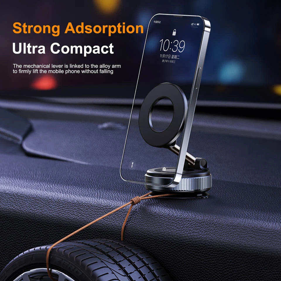 Car phone holder with vacuum absorption and magnetic suction, for in-car navigation.