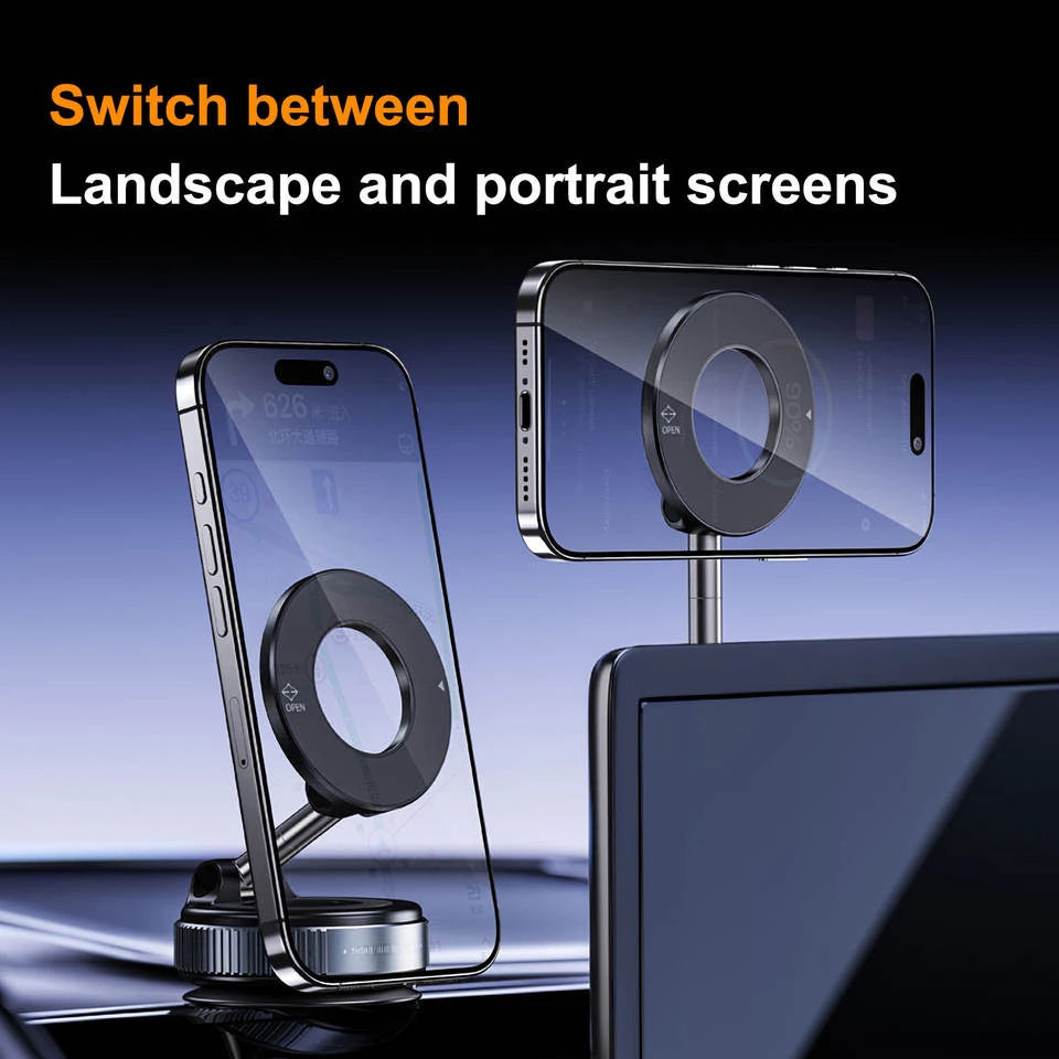 Car phone holder with vacuum absorption and magnetic suction, for in-car navigation.